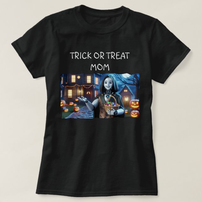 Bus eller godis Mamma AI Robot med Pumpkins & Bask T Shirt (Design framsida)