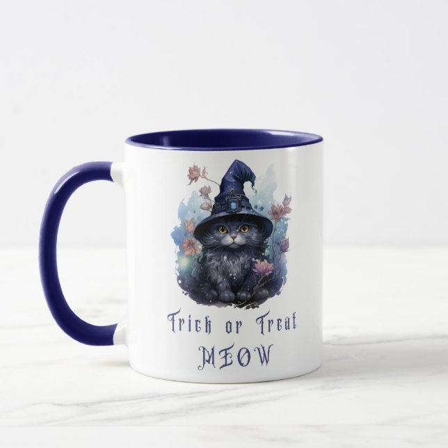 Bus eller godis Meow Black Cat Witch Hat Halloween Mugg (Vänster)