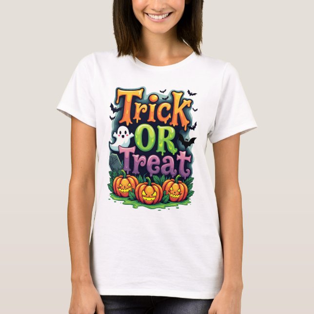Bus eller godis Modern skript Womens Halloween T Shirt (Framsida)