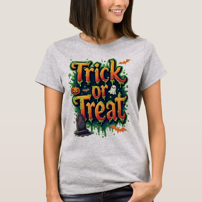 Bus eller godis Modern skript Womens Halloween T Shirt (Framsida)