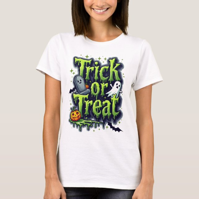 Bus eller godis Modern skript Womens Halloween T Shirt (Framsida)