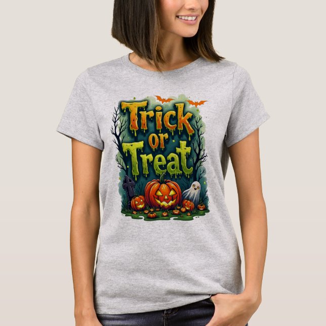 Bus eller godis Modern skript Womens Halloween T Shirt (Framsida)