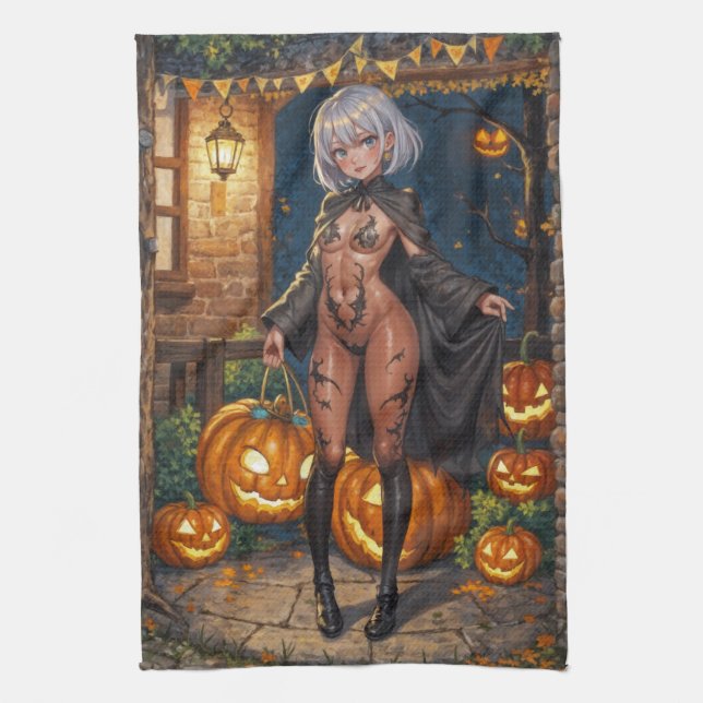 Bus eller godis, modig Halloween-kostymflicka Kökshandduk (Vertikal)
