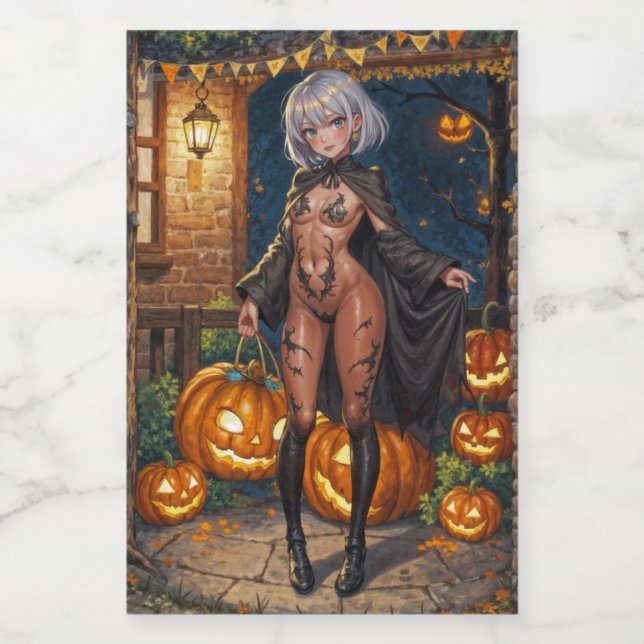 Bus eller godis, modig Halloween-kostymflicka Mat Etikett (Singel etikett)
