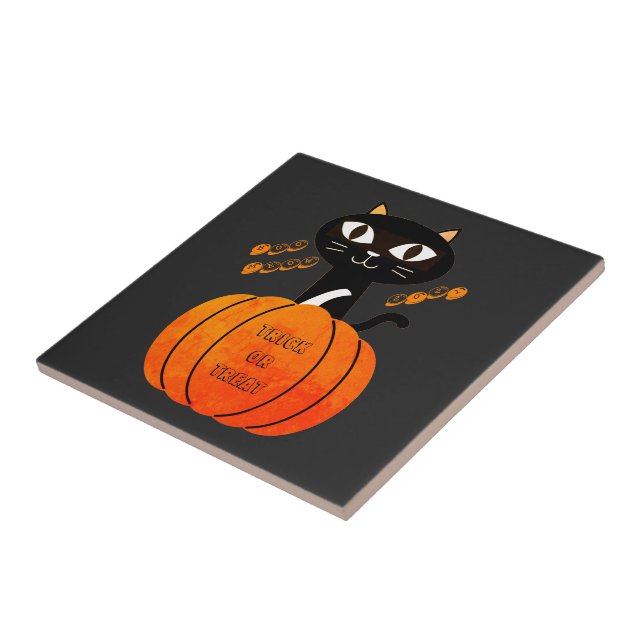 Bus eller godis Orange Black Cat Pumpkin Halloween Kakelplatta (Sidan)