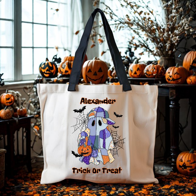 Bus eller godis Patchwork Ghost Halloween Anpassni Tygkasse (Skapare uppladdad)