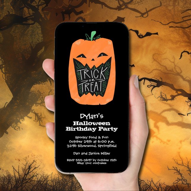 Bus eller godis Pumpkin Halloween Birthday Inbjudningar (Trick or Treat Pumpkin Halloween Birthday Invitations - INSTANT DOWNLOAD and/or printed)