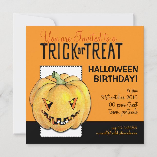 Bus eller godis Pumpkin Halloween-födelsedagen Inbjudningar (Framsida)