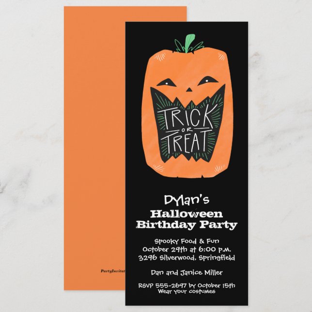 Bus eller godis Pumpkin Halloween-inbjudningar (Fram/baksida)
