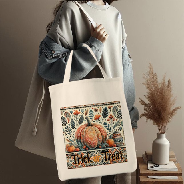 Bus eller godis Pumpkins Fall Foliage Bohemian Art Tygkasse (Trick or Treat Pumpkins Fall Foliage Bohemian Art Tote Bag)