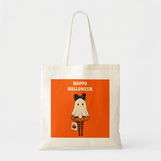 Bus eller godis Quirky Cute Ghost Happy halloween Tygkasse (Framsidan)