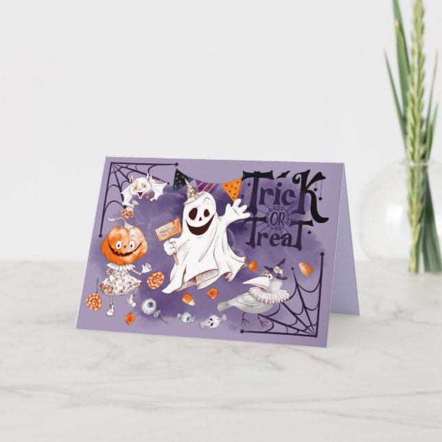 Bus eller godis. Roligt Ghost, Pumpkin Girl, Raven Kort (Framsida)