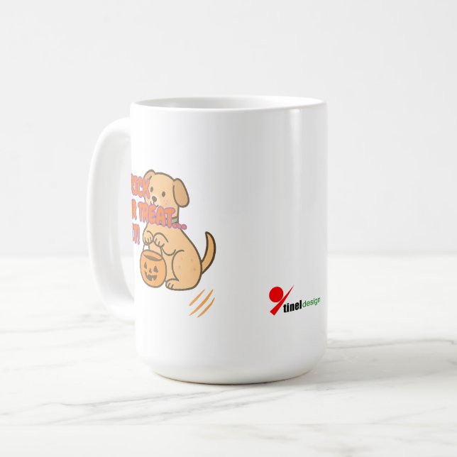 Bus eller godis... Sätt dig! Funny Halloween Hund  Kaffemugg (Framsida vänster)