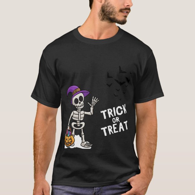 Bus eller godis Skeleton Halloween Tee Roligt Cost (Framsida)