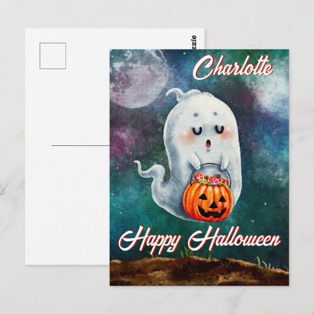 Bus eller godis, Spöken är Söt Happy halloween Vykort (Fram/baksida)