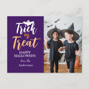 Bus eller godis Spooky Halloween-familjfoto Helg Vykort