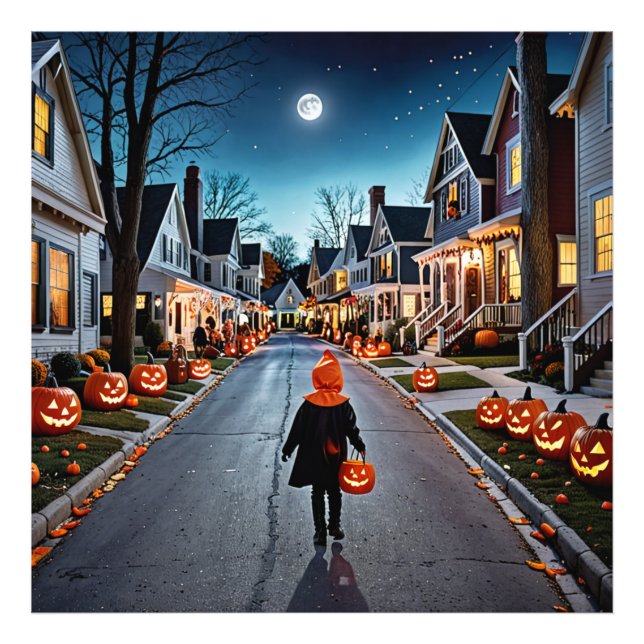 Bus eller godis Street - Whimsical Halloween Night Fototryck (Framsidan)