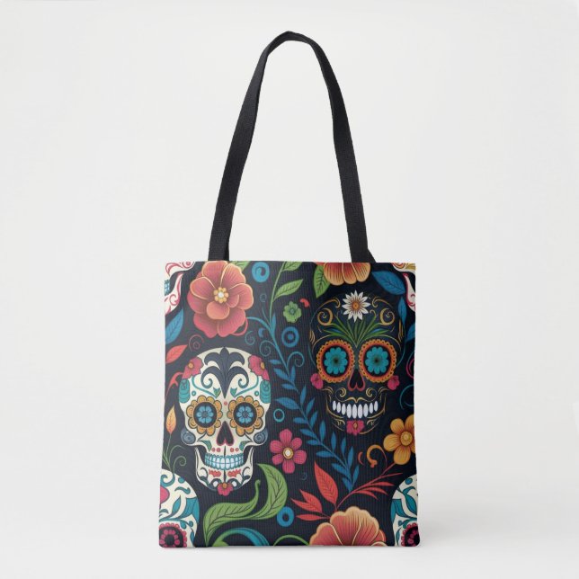 Bus eller godis Tote Bag, Sugar Skull Tote Bag Tygkasse (Framsida)