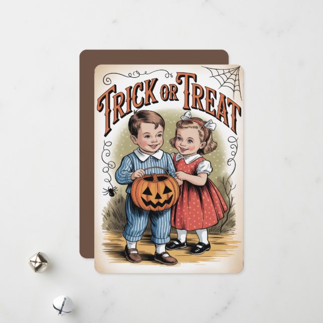 "Bus eller godis" Vintage barn Halloween Julkort (Fram/Back In Situ)
