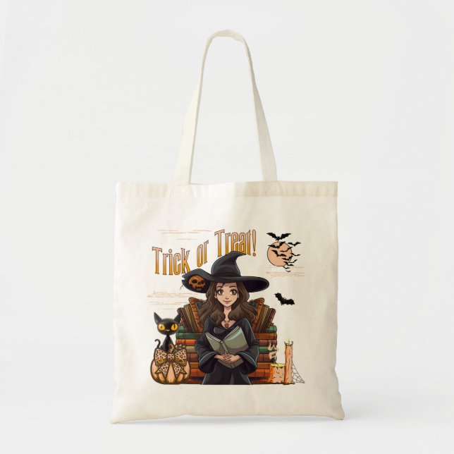 Bus eller godis Witch Halloween Coquette Tote Bag Tygkasse (Framsidan)