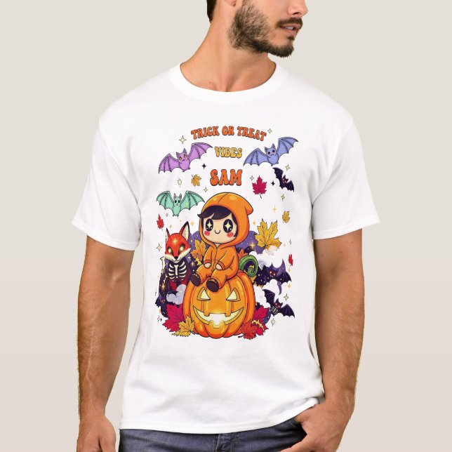 Bus eller godsaker söta Halloween T Shirt (Framsida)