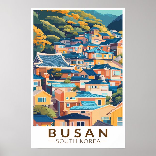 Busan Gamcheon kulturby resa konst Vintage Poster (Framsidan)