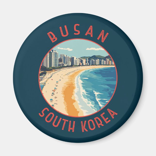 Busan Haeundae Beach Retro Distress Circle Magnet (Framsidan)