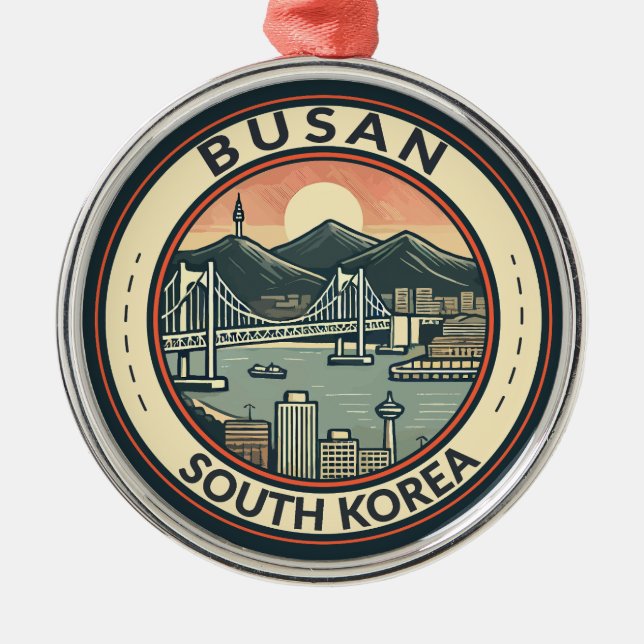 Busan South Korea Bridge Travel Art Badge Julgransprydnad Metall (Framsidan)