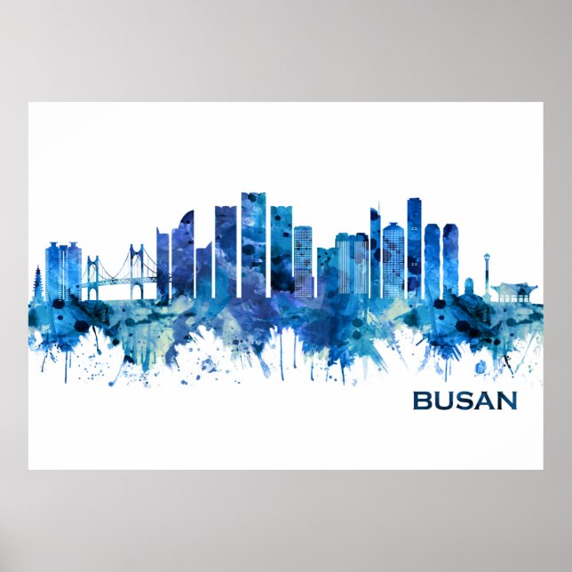 Busan Sydkorea Skyline Blue Poster (Framsidan)