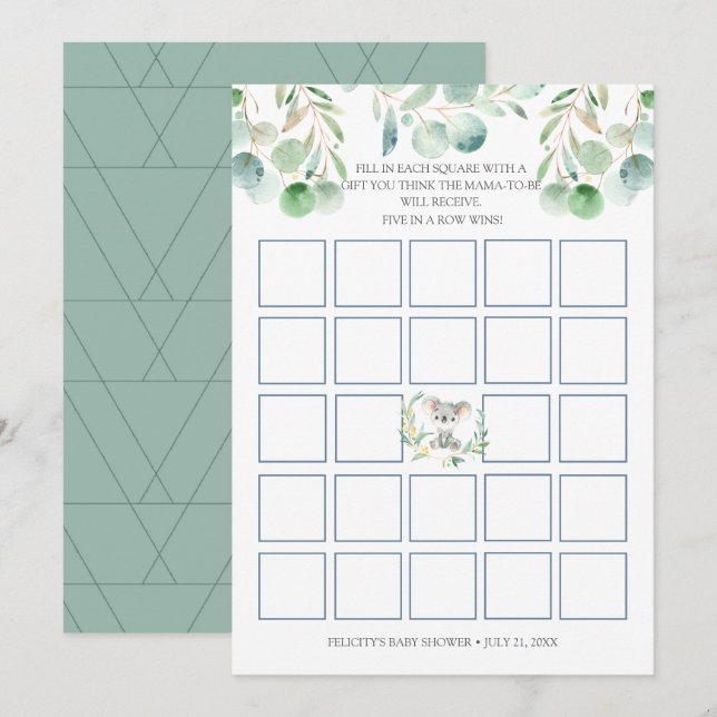 Bush Baby Koala Baby Shower Bingo Game Card Inbjudningar (Fram/baksida)