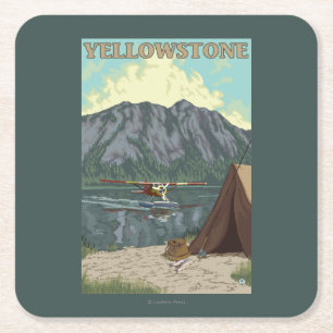 Bush flygplan & fiske - Yellowstone medborgare Underlägg Papper Kvadrat
