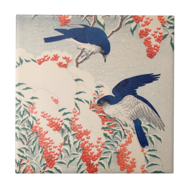 Bush och Fly Catcher i Snö av Ohara Koson Kakelplatta (Framsidan)