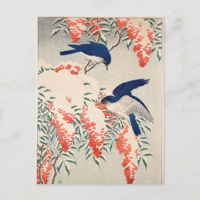 Bush och Fly Catcher i Snö av Ohara Koson Vykort (Framsida)