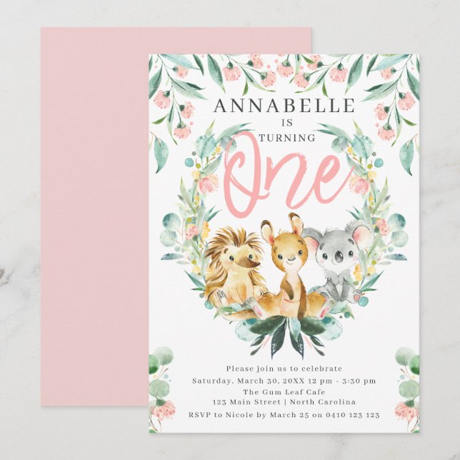 Bush Safari 1st Girl Birthday Inbjudningar (Fram/baksida)