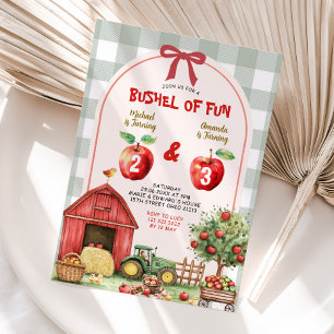 Bushel of Roligt Apple Syskon Birthday Gingham Par Inbjudningar