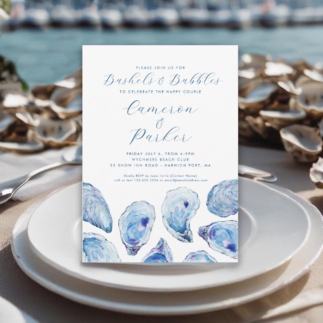 Bushels och Bubbles Oyster Blue Watercolor Inbjudningar (Bushels and Bubbles Oyster Roast Invitation with blue watercolor oyster shells from Concertina Press)