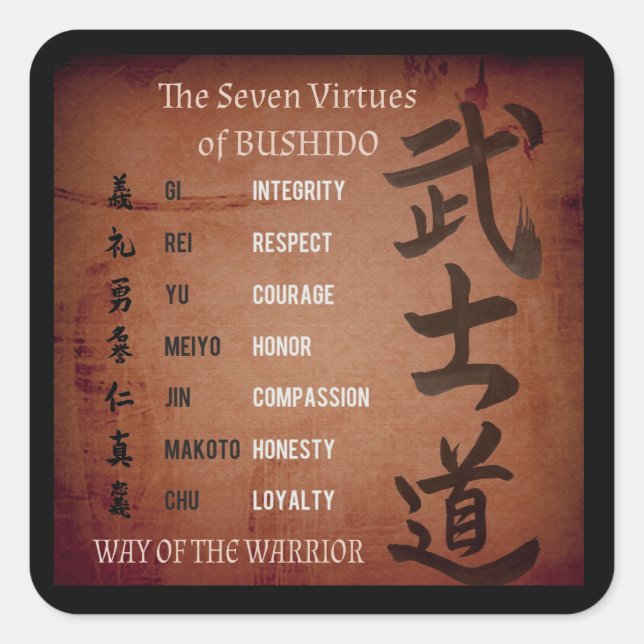 BUSHIDO VIRTUES SQUARE STICKER FYRKANTIGT KLISTERMÄRKE (Framsida)
