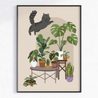 Busig Grå Tabby Katt & Monstera Djungel Poster