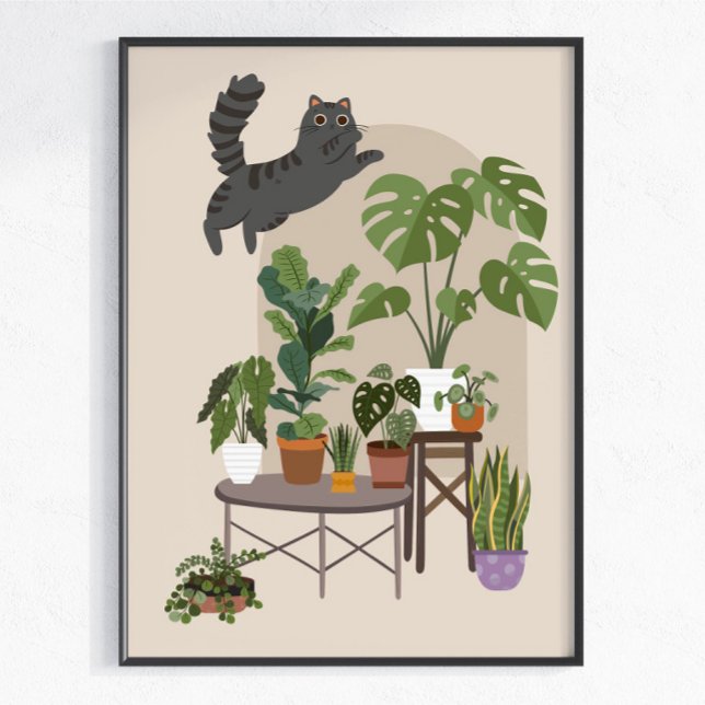Busig Grå Tabby Katt & Monstera Djungel Poster (Skapare uppladdad)