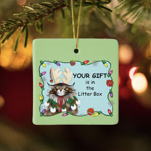 Busig julkatt  Humor Maine Coon Grön Rolig Julgransprydnad Keramik