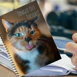 Busig randig katt med tungan ute anteckningsbok