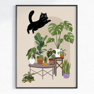 Busig svart katt & Monstera djungel Poster