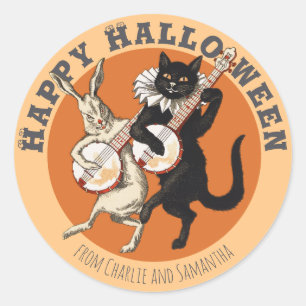 Busig svart katt och kanin CC1052 Halloween Runt Klistermärke