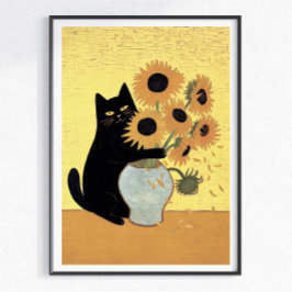 Busig svart katt Solros Målning Stil Poster