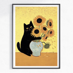 Busig svart katt Solros Målning Stil Poster