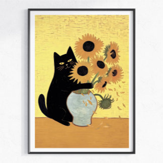 Busig svart katt Solros Målning Stil Poster