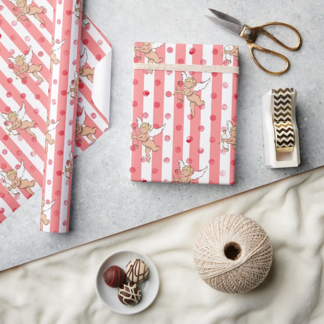 Busiga cupidänglar rosa ränder presentpapper (Hantverk)
