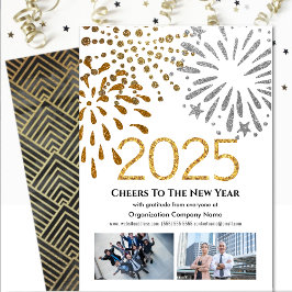 Business 2025 Festive Fireworks Modern Black Guld Julkort