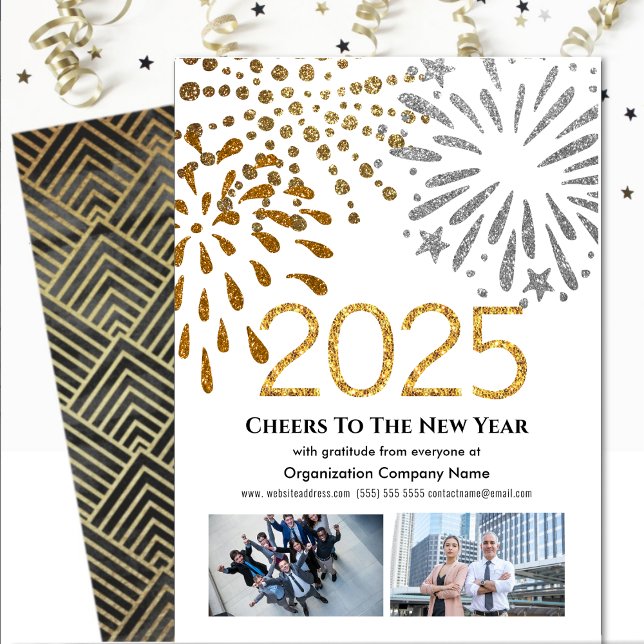 Business 2025 Festive Fireworks Modern Black Guld Julkort (Skapare uppladdad)