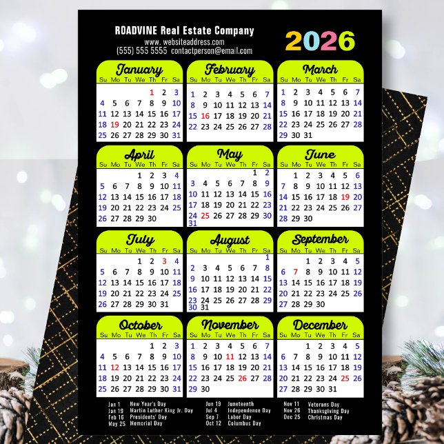 Business 2026 Calendar Black Grönt Minimalist Julkort (Skapare uppladdad)